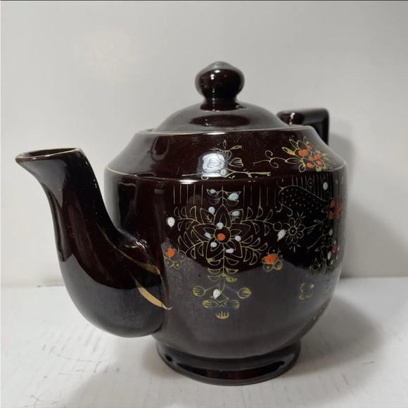 Vintage Brown Betty Redware Teapot Enamel Hand Painted Made In Japan. - Picture 4 of 11